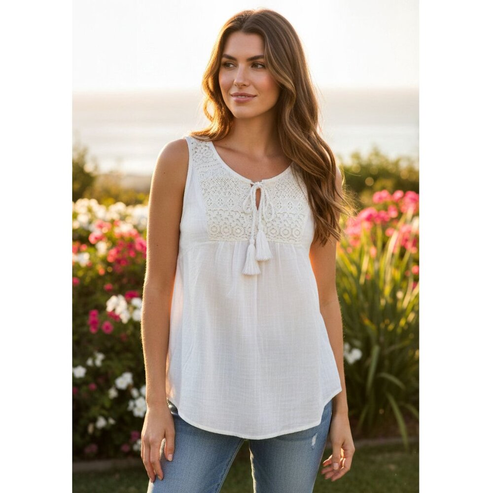 Caslon Boho Lace Tassel Sleeveless Tank Top, White, Womens Size XS